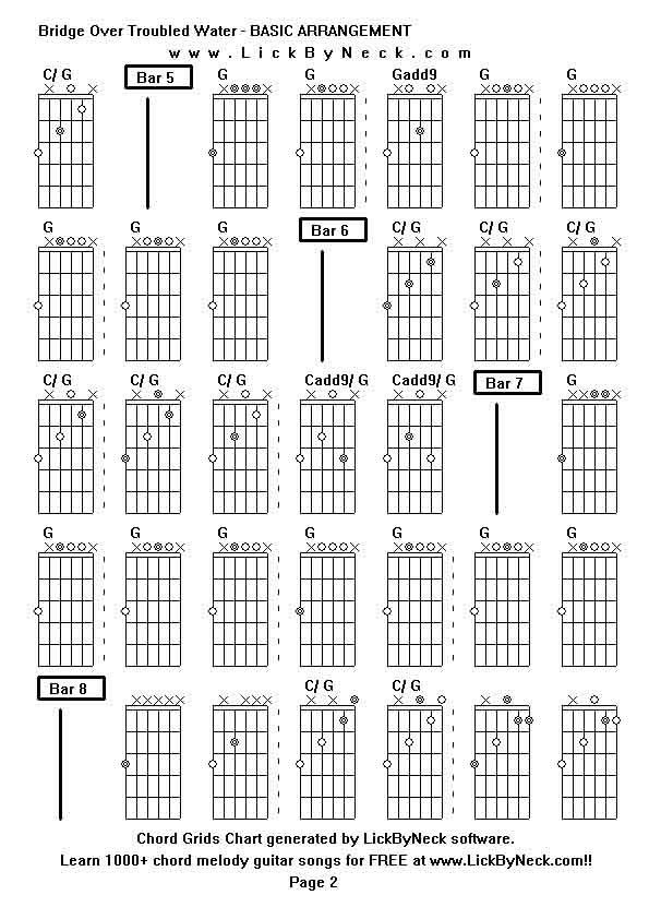 Chord Grids Chart of chord melody fingerstyle guitar song-Bridge Over Troubled Water - BASIC ARRANGEMENT,generated by LickByNeck software.